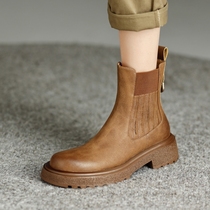 Fa-style retro ~ Corso Venezia brown Chelsea boot womens real leather thick bottom autumn winter Martin boots slim smoke