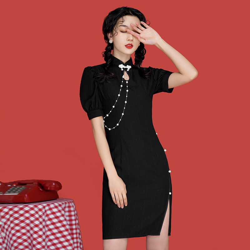 黑色旗袍年轻款气质高端中国风女装少女复古民国小个子改良连衣裙
