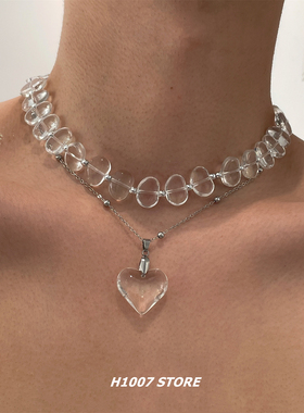 不规则透明琉璃爱心双层叠戴项链男款小众设计锁骨链女毛衣链新款