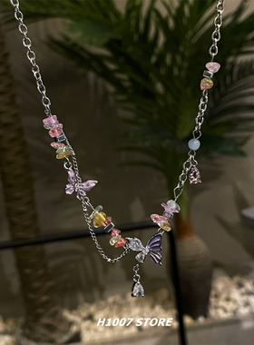 2025新款爆款蝴蝶彩色串珠项链女小众设计高级感锁骨链男颈链配饰