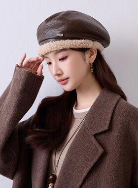 复古PU皮毛绒边八角帽女秋冬时尚画家帽显脸小报童帽防寒贝雷帽子