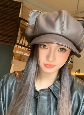 日系复古可爱猫耳朵PU皮八角帽女秋冬街头时尚保暖护耳鸭舌画家帽
