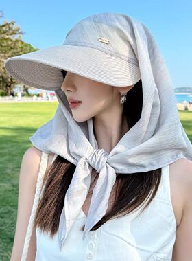 绑带丝巾草编帽子女防晒帽夏季防紫外线轻薄披肩护颈遮阳帽太阳帽