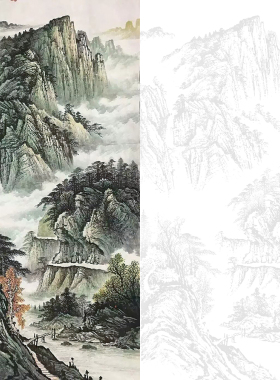 定制国画山水墨稿 竖幅山水底稿 生宣纸印刷 淡墨直接画