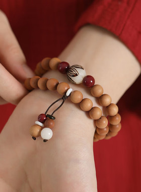 双层桃木朱砂手串珠子女款复古紫金砂木质手链女士本命年木制手链