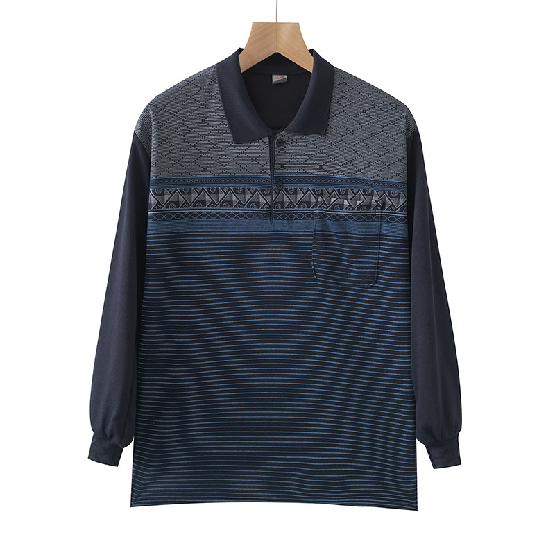 春秋季中老年爸爸男装常规翻领长袖T恤 商务休闲条纹直筒口袋上衣,淘宝优惠券,粉丝福利购,淘宝优惠卷