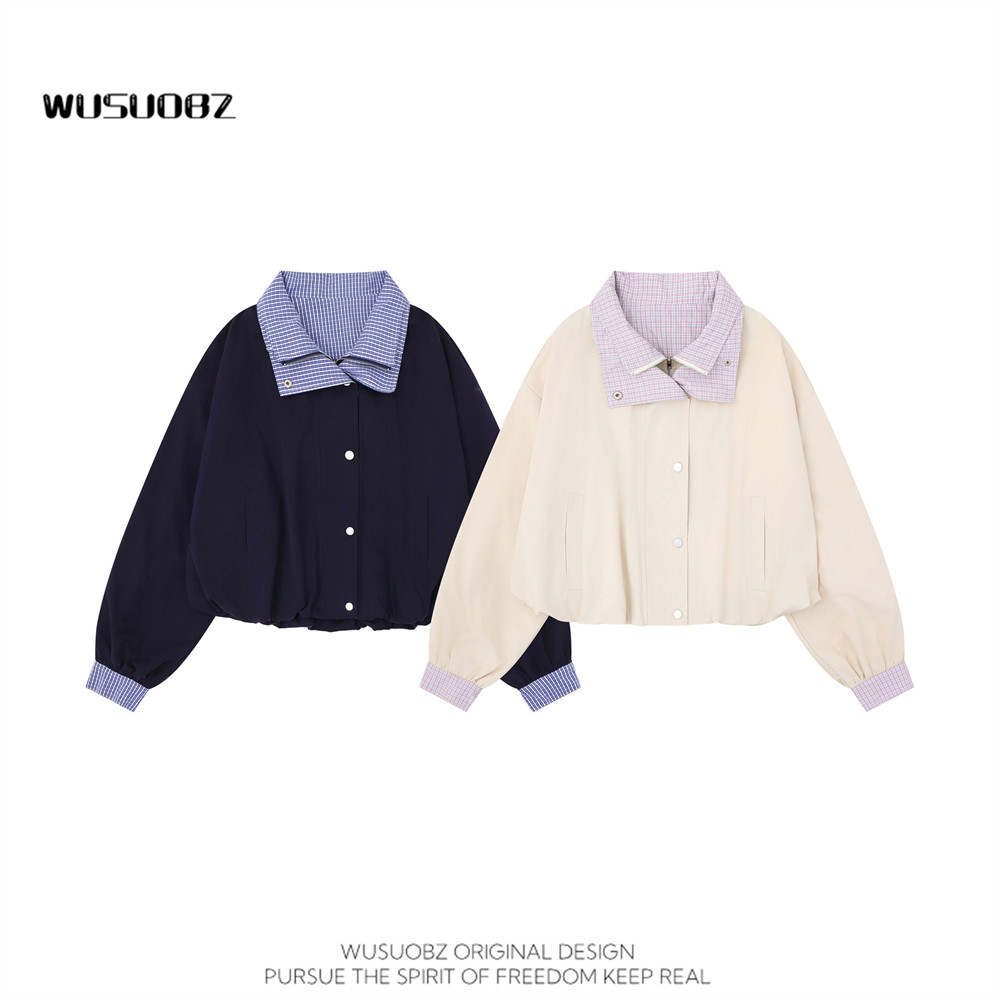 WUSUOBZ 小个子复古假两件翻领夹克女2026春秋宽松休闲短款外套,淘宝优惠券,粉丝福利购,淘宝优惠卷