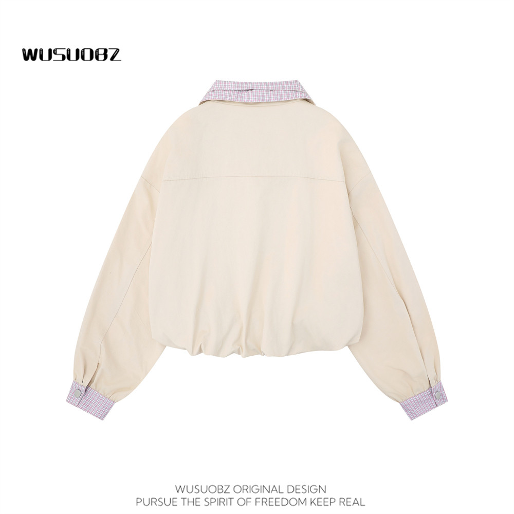 WUSUOBZ 小个子复古假两件翻领夹克女2026春秋宽松休闲短款外套,淘宝优惠券,粉丝福利购,淘宝优惠卷