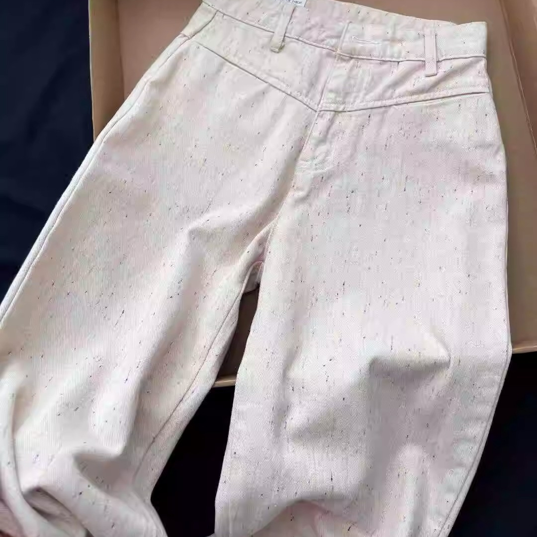 香芋粉噪点直筒裤显瘦yyds！蝴蝶结刺绣牛仔裤女夏高腰宽松阔腿裤 - 图0