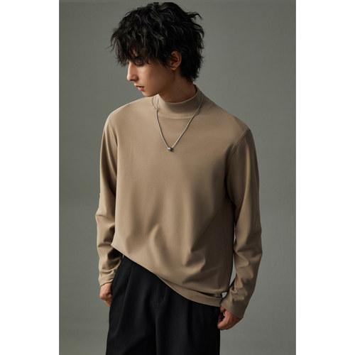 w2x秋冬季加厚双面德绒中领长袖T恤半高领纯色打底衫百搭内搭体恤 - 图0