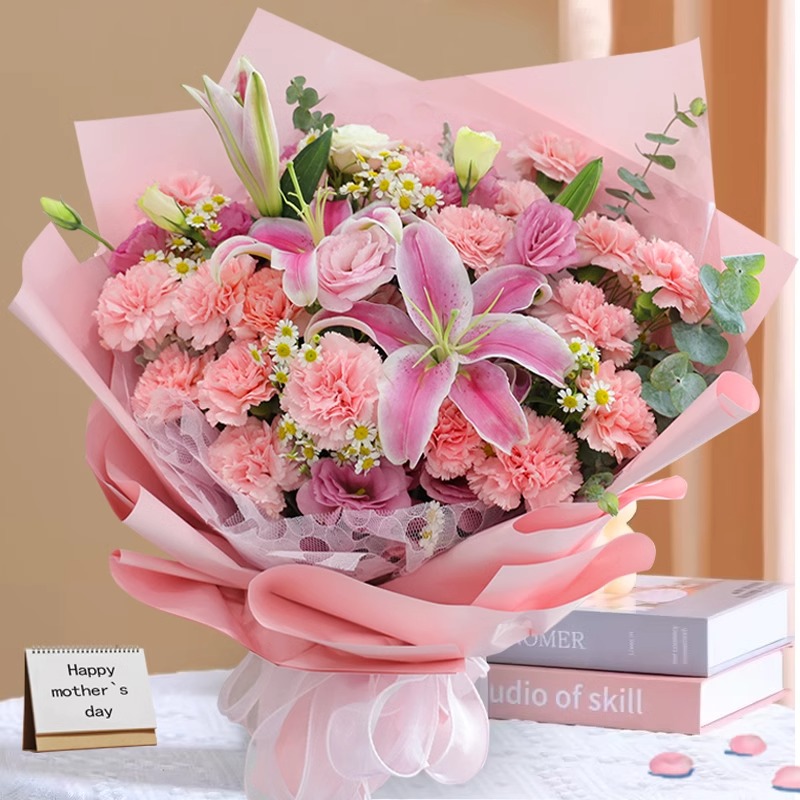 红玫瑰百合康乃馨花束全国鲜花速递同城配送长辈生日礼物北京上海