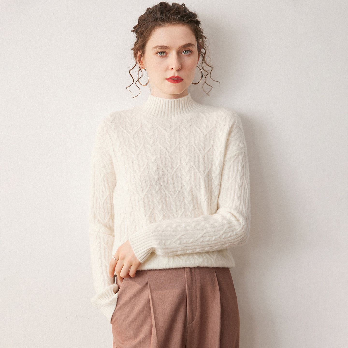 秋冬加厚绞花半高领山羊绒衫女针织打底长袖毛衣纯色上衣宽松内搭,淘宝优惠券,粉丝福利购,淘宝优惠卷