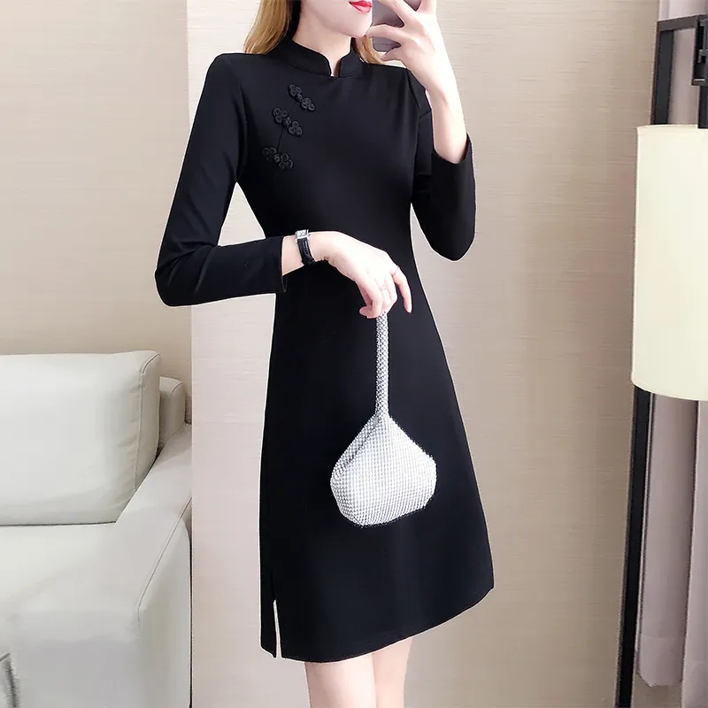 春秋冬季大码300斤女装复古小黑裙子胖mm遮肚显瘦改良旗袍连衣裙 - 图3