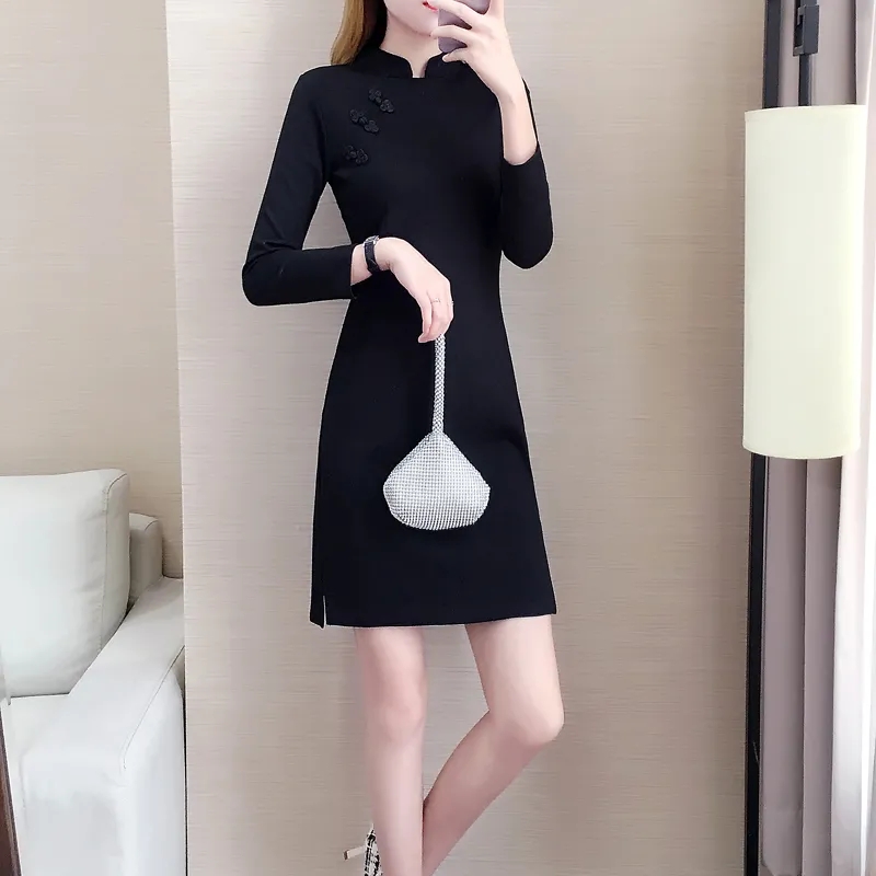 春秋冬季大码300斤女装复古小黑裙子胖mm遮肚显瘦改良旗袍连衣裙 - 图2