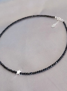 纯银星星天然黑色水晶锁骨S925