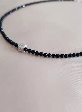 choker微镶钻纯银黑色水晶项链