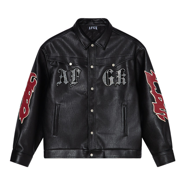 AFGK2023FW hot diamond peeling leather lapel leather clothing American street retro hip -hop trendy casual deduction jacket