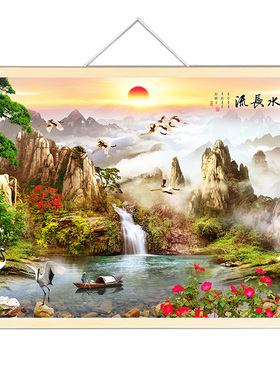 富水长流客厅山水风景迎客松瀑布壁画无框画墙画墙贴床头装饰挂画