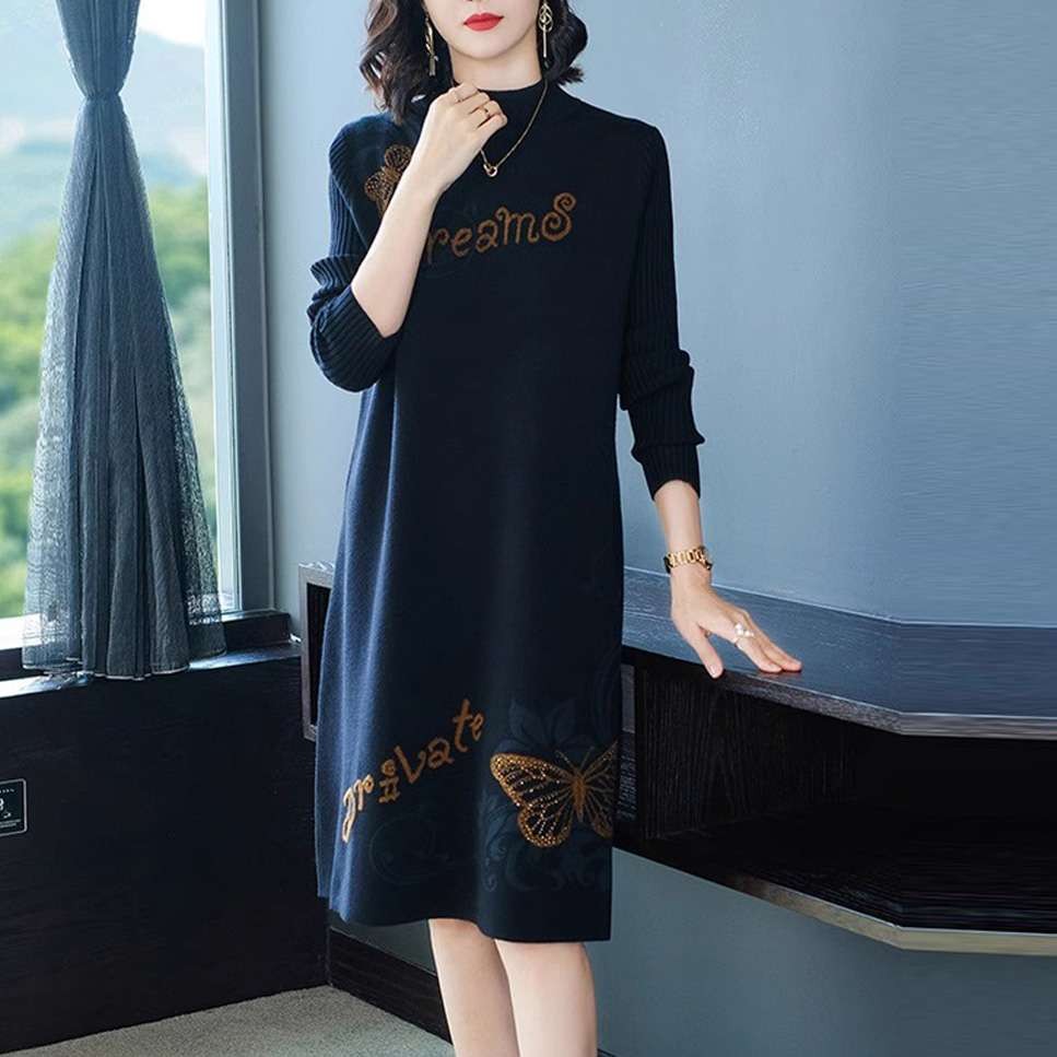 半高领毛衣裙女秋冬新款宽松显瘦中长款针织打底衫过膝长袖连衣裙 - 图2