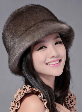 进口时尚水貂毛女渔夫帽子韩版皮草大檐礼帽百搭优雅保暖整貂盆帽