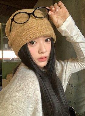 韩系显脸小~100wool羊毛褶皱卷边堆堆帽女冬文艺混色百搭套头冷帽