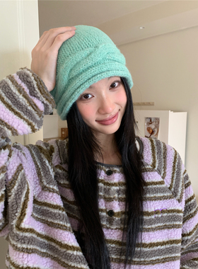 本期推荐！麻花卷边针织毛线帽女冬宽松显脸小护耳包头堆堆冷帽子