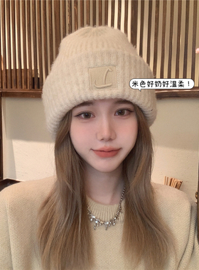 毛线帽休闲女冬冷帽显脸小刺绣