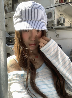 日系松弛感~文艺白色条纹鸭舌报童帽女春夏显脸小棉麻透气遮阳帽