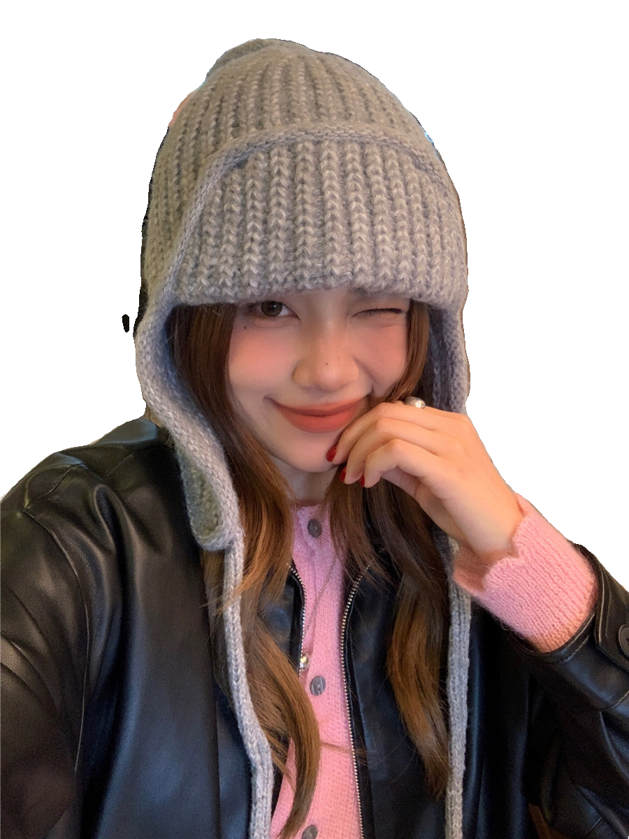 韩系出片~显脸小纯色系带针织毛线飞行帽女冬百搭护耳学生雷锋帽