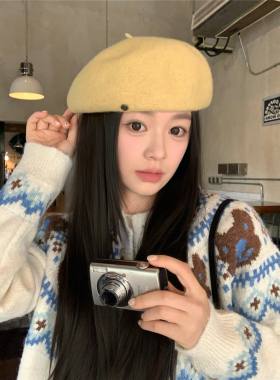 神仙藤井树同款~100%纯羊毛鹅黄色立体贝雷帽女秋冬显脸小画家帽