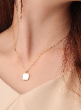 黑色方块项链女925纯银轻奢气质小众设计感ins黑玛瑙白贝吊坠