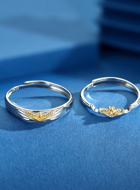 s925银情侣戒指天使翅膀日韩简约设计感指环对戒送