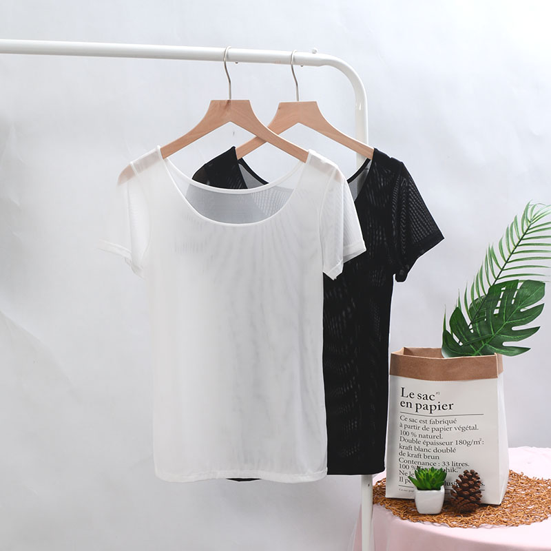 白色网纱t恤女短袖夏季2023新款冰丝低领内搭打底衫半袖薄款上衣 - 图3