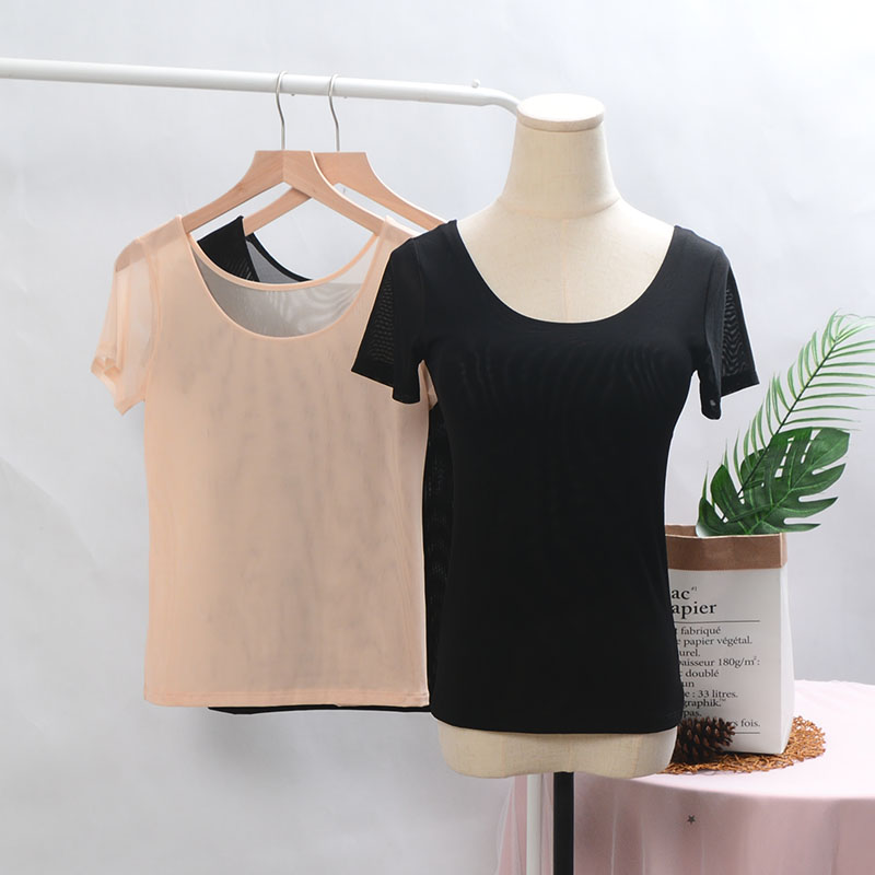 白色网纱t恤女短袖夏季2023新款冰丝低领内搭打底衫半袖薄款上衣 - 图0