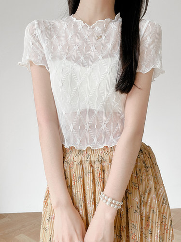 夏季短款蕾丝t恤吊带连衣裙新款内搭微透网纱新款木耳边短袖上衣-图2