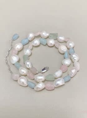 海蓝宝巴洛克珍珠S925纯银项链女