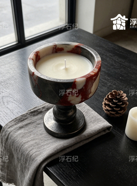 天然大理石宝红托盘香薰蜡烛高级感摆件红色大理石高雅装饰家居
