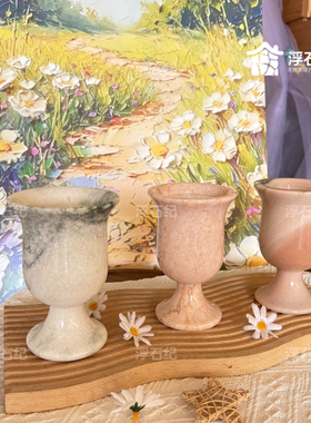 天然郁金香烟粉四季粉玉石白玉挪威彩玉大理石烛台花瓶摆件高脚杯
