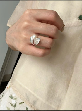 小众风树叶珍珠戒指女新中式叶脉纹理拉丝工艺设计优雅叶子食指戒