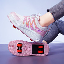 New leather face Four rounds Storm Walking Shoes Automatic charging with lamp wheel shoes Adult children Student shoes