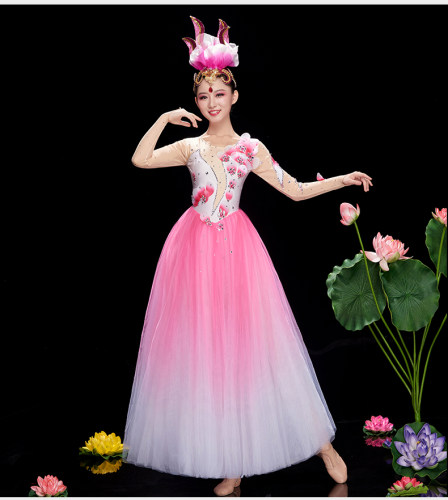 古典舞演出服女飘逸新款歌伴舞合唱服装长裙现代舞蹈开场大摆裙 - 图1