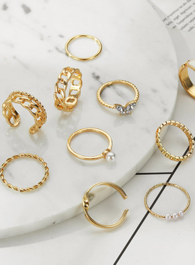 欧美新款复古镶嵌珍珠链条戒指蝴蝶开口戒指ins风戒指套装10件套