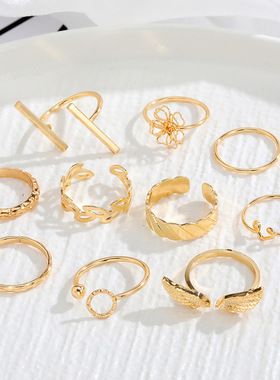 欧美跨境创意复古天使翅膀开口戒指套装镂空花朵9件套指环