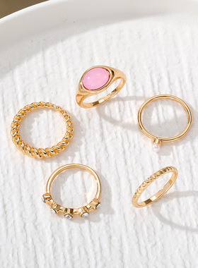 跨境个性夸张几何形椭圆粉宝石指环女创意粉色宝石戒指套装组合女