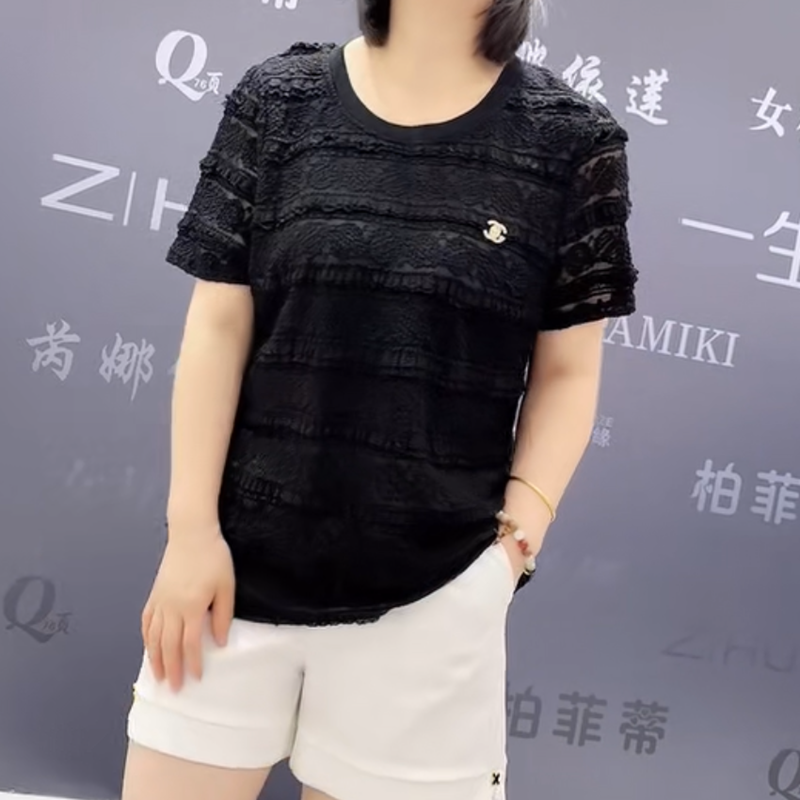 7769芮娜依莲夏季新款韩版修身显瘦胖MM大码女装常规款短袖T恤潮 - 图1