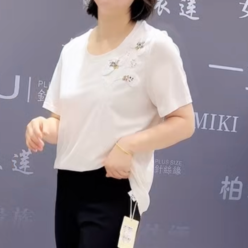 6163芮娜依莲夏季新款韩版宽松显瘦胖MM大码女常规课短袖圆领T恤 - 图0