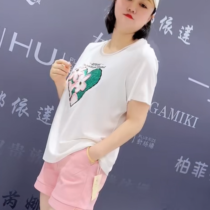 7748芮娜依莲夏季新款韩版宽松显瘦胖MM大码女装常规款短袖T恤潮 - 图2