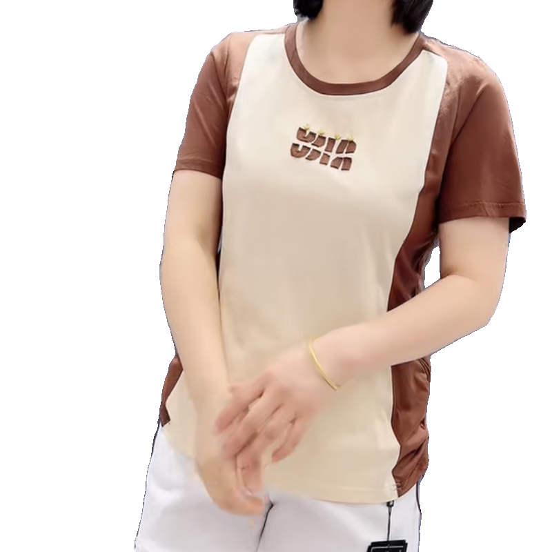 2024花比傲夏季新款韩版修身显瘦胖MM大码女装常规款拼色短袖T恤 - 图3