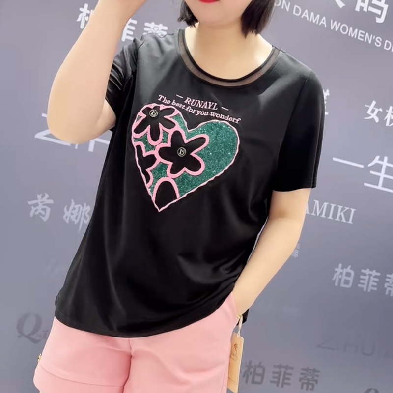 7748芮娜依莲夏季新款韩版宽松显瘦胖MM大码女装常规款短袖T恤潮 - 图0