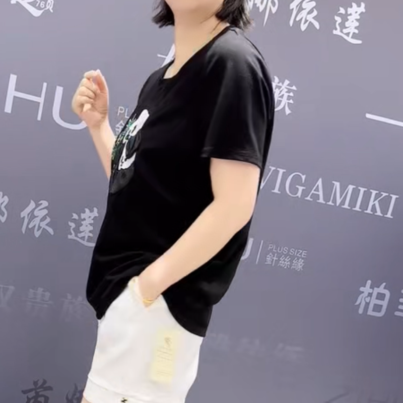 6166芮娜依莲夏季新款韩版宽松显瘦胖MM大码女常规款短袖圆领T恤 - 图2